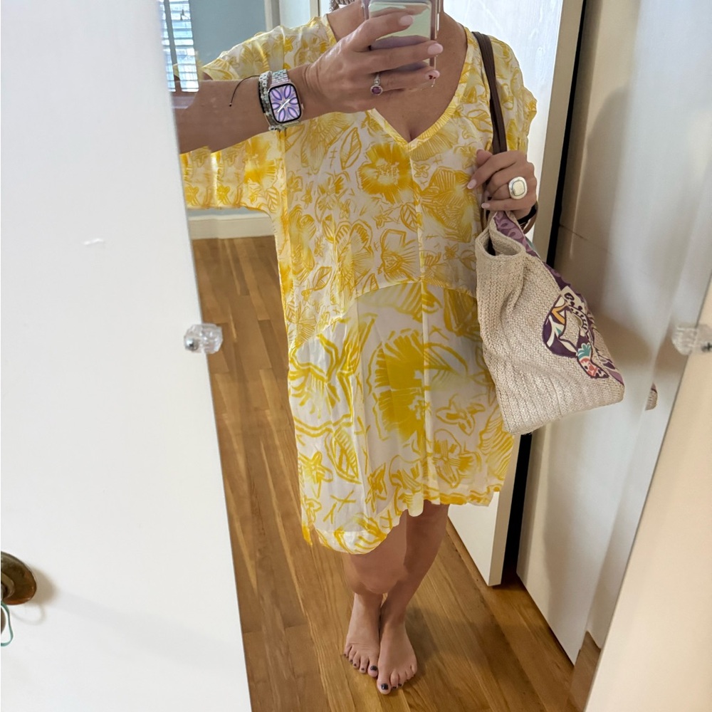 Anthropologie Lilka Nadyia Printed Caftan XS | Yellow Semi Sheer Beach Cover Up - Picture 4 of 15